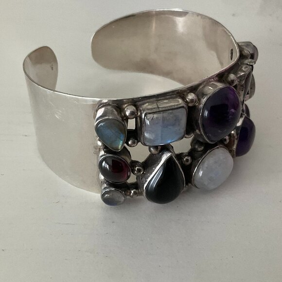 925 sterling silver cuff bracelet with 12 semi-precious stones - Picture 3 of 8